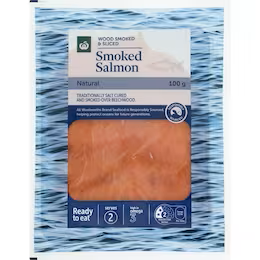 Woolworths Wood Smoked & Sliced Smoked Salmon Natural 100g