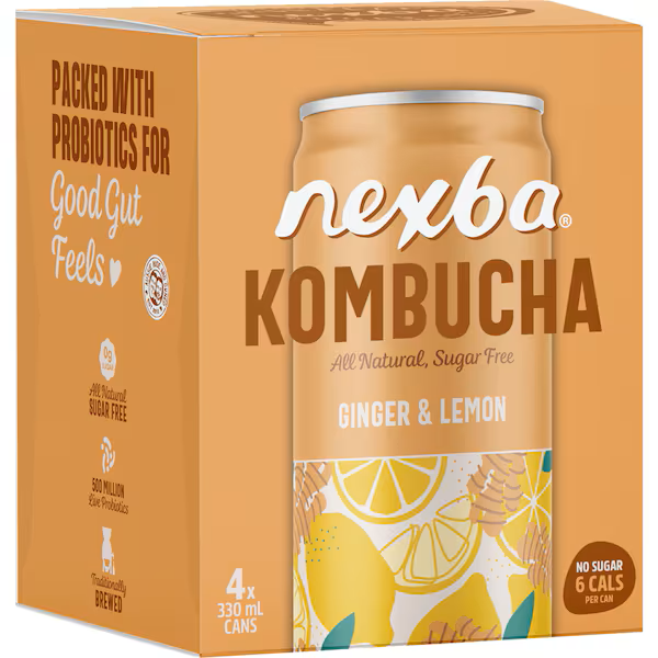 Nexba Kombucha Ginger & Lemon Drink Cans 330mL 4pk