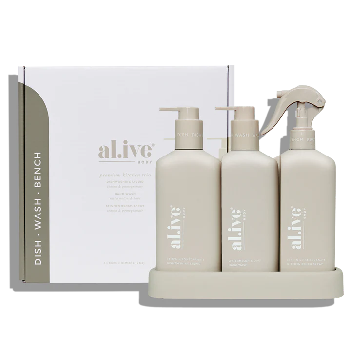 Al.ive Premium Kitchen Trio Dishwashing Liquid Hand Wash & Bench Spray Lemon & Pomegranate + Watermelon & Lime