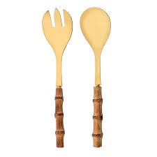 Stainless Steel Wood Bamboo Handle Salad Fork Spoon Tableware Set