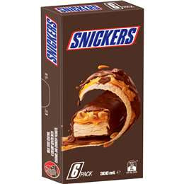 Snickers Choc, Caramel & Peanut Frozen Dessert Bar 300ml 6pk