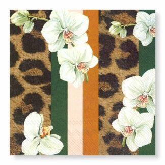 Manor Road Luncheon Serviettes White Orchid & Leopard 20pk